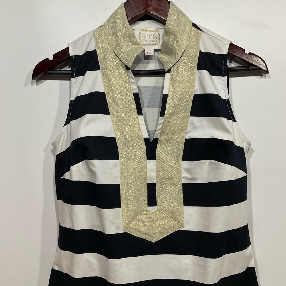 STS Sail to Sable navy & white striped dress gold collar & neckline, side zip XS - Picture 5 of 16